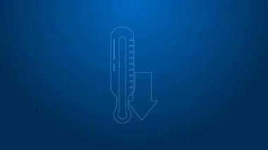 Beyaz çizgi Meteoroloji termometresi mavi arkaplanda izole edilmiş ikonu ölçüyor. Termometre termometresi sıcak ya da soğuk hava gösteriyor. 4K Video hareketli grafik canlandırması