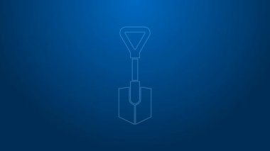 Mavi arkaplanda beyaz çizgi kürek simgesi izole edildi. Bahçe aletleri. Bahçecilik, tarım, çiftçilik aleti. 4K Video hareketli grafik canlandırması