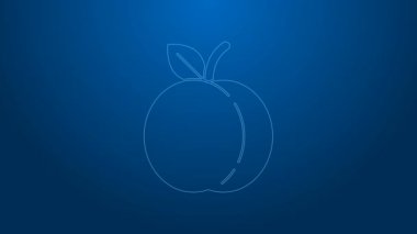 Beyaz çizgi şeftali ya da nektarin. Mavi arka planda yaprak simgesi var. 4K Video hareketli grafik canlandırması