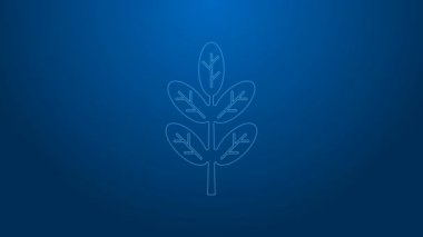Beyaz çizgi Yaprak simgesi mavi arkaplanda izole edildi. İşaret bırakıyor. Taze doğal ürün sembolü. 4K Video hareketli grafik canlandırması