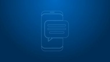 Beyaz hat, mavi arkaplanda izole edilmiş telefon simgesindeki yeni sohbet mesajları bildirimi. Smartphone sohbet mesajları konuşma baloncukları. 4K Video hareketli grafik canlandırması