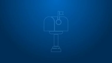 Mavi arkaplanda beyaz çizgi posta kutusu simgesi izole edildi. Posta kutusu simgesi. Posta kutusunda bayrak var. 4K Video hareketli grafik canlandırması