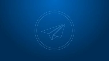 Beyaz çizgi kağıt uçak simgesi mavi arkaplanda izole edildi. Kağıt uçak ikonu. Uçak işareti. 4K Video hareketli grafik canlandırması