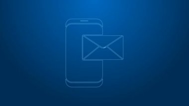 Beyaz hat mobil ve zarf, yeni mesaj, mavi arkaplanda izole edilmiş posta simgesi. E-posta bültenleri, başlıklar, blog yazıları için kullanım. 4K Video hareketli grafik canlandırması