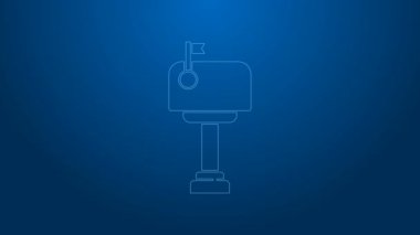 Mavi arkaplanda beyaz çizgi posta kutusu simgesi izole edildi. Posta kutusu simgesi. Posta kutusunda bayrak var. 4K Video hareketli grafik canlandırması