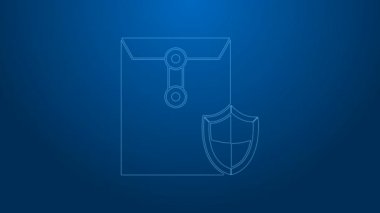 Mavi zemin üzerinde kalkan simgesi olan beyaz çizgi zarfı. Sigorta konsepti. Güvenlik, güvenlik, koruma, konsept koruma. 4K Video hareketli grafik canlandırması