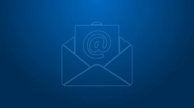 Mavi arkaplanda beyaz çizgi posta ve e-posta simgesi izole edildi. Zarf sembolü e-postası. E- posta kodu. 4K Video hareketli grafik canlandırması