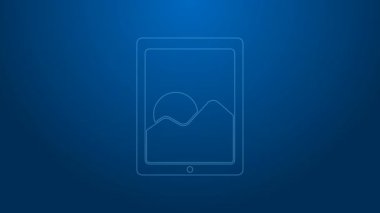 Mavi arkaplanda beyaz çizgi grafik tableti simgesi izole edildi. 4K Video hareketli grafik canlandırması