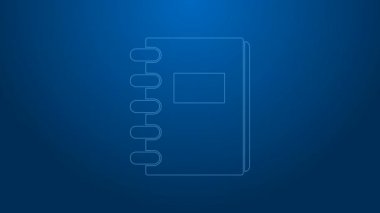 Mavi arkaplanda beyaz çizgi Not Defteri simgesi izole edildi. Spiral not defteri simgesi. Okul defteri. Yazı tahtası. Okul günlüğü. 4K Video hareketli grafik canlandırması