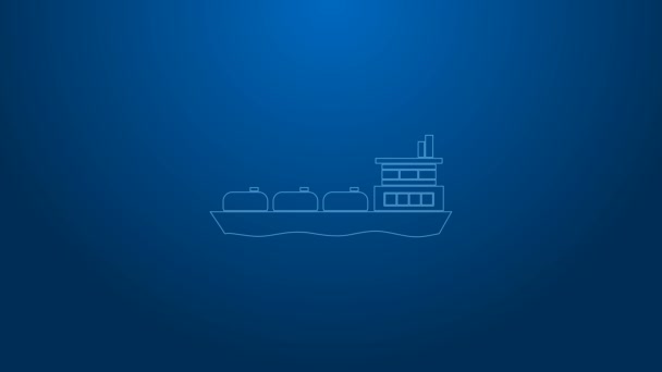Linea bianca Icona nave petroliera isolata su sfondo blu. Animazione grafica 4K Video motion — Video Stock