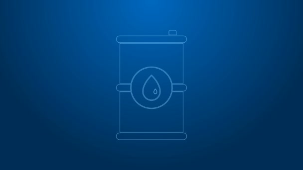 White line Barrel oil icon isolated on blue background. 4K Video motion graphic animation — Stock Video