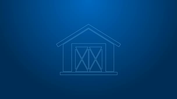 Weiße Linie Bauernhaus Symbol isoliert auf blauem Hintergrund. 4K Video Motion Grafik Animation