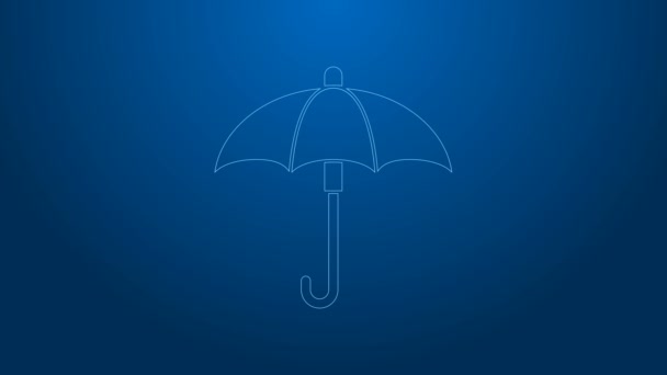 Weiße Linie Klassisch elegant geöffnetes Schirmsymbol isoliert auf blauem Hintergrund. Regenschutz-Symbol. 4K Video Motion Grafik Animation — Stockvideo