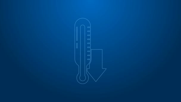 Línea blanca Termómetro de meteorología icono de medición aislado sobre fondo azul. Equipo de termómetro que muestra clima caliente o frío. Animación gráfica de vídeo 4K — Vídeos de Stock