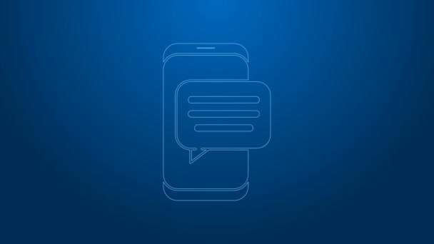 Weiße Linie Neue Benachrichtigung über Chat-Nachrichten auf Telefon-Symbol isoliert auf blauem Hintergrund. Smartphone chatten SMS-Nachrichten Sprechblasen. 4K Video Motion Grafik Animation — Stockvideo