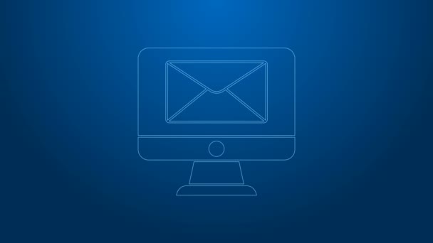 Witte lijn Monitor en enveloppe, nieuw bericht, e-mail pictogram geïsoleerd op blauwe achtergrond. Gebruik voor e-mail nieuwsbrieven, headers, blogberichten. 4K Video motion grafische animatie — Stockvideo