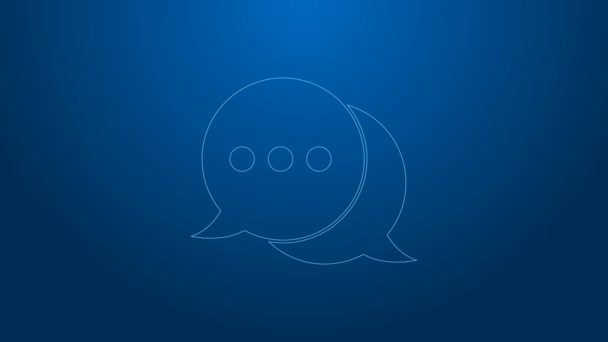 Línea blanca Icono de chat de burbujas de voz aislado sobre fondo azul. Icono del mensaje. Comunicación o comentario símbolo de chat. Animación gráfica de vídeo 4K — Vídeo de stock