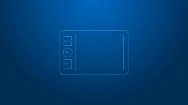 Mavi arkaplanda beyaz çizgi grafik tableti simgesi izole edildi. 4K Video hareketli grafik canlandırması