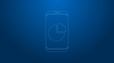 Mavi arkaplanda grafik çizelgesi simgesi olan beyaz çizgi cep telefonu. Metin dosyasını rapor et. Muhasebe tabelası. Denetim, analiz, planlama. 4K Video hareketli grafik canlandırması