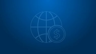 Mavi arka planda dolar sembolü olan beyaz çizgi Dünya küresi. Dünya ya da Dünya işareti. Küresel internet sembolü. Geometrik şekiller. 4K Video hareketli grafik canlandırması