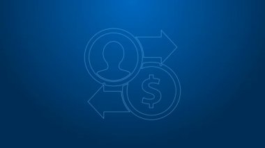 Mavi arka planda beyaz çizgi iş tanıtım para değişim simgesi izole. Başarı, başarı, motivasyon iş sembolü, büyüme. 4K Video hareketli grafik canlandırması