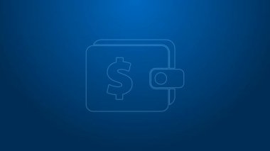 Mavi arka planda dolar sembolü olan beyaz çizgili cüzdan. Çanta ikonu. Nakit tasarruf sembolü. 4K Video hareketli grafik canlandırması