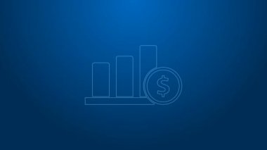 Beyaz çizgi turta grafiği bilgisi ve dolar sembolü mavi arkaplanda izole edilmiş. Diyagram çizelgesi. 4K Video hareketli grafik canlandırması