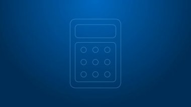 Beyaz çizgi hesap makinesi simgesi mavi arkaplanda izole edildi. Muhasebe sembolü. İş hesaplamaları matematik eğitimi ve finans. 4K Video hareketli grafik canlandırması