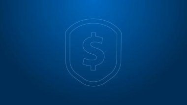 Mavi arka planda dolar sembolü olan beyaz çizgi kalkanı. Güvenlik kalkanı koruması. Para güvenliği konsepti. 4K Video hareketli grafik canlandırması
