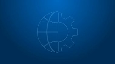 Dünya 'nın beyaz çizgisi Globe mavi arka planda izole edilmiş dişli ya da dişli simgesi. Parametreler ayarlanıyor. Global Seçenekler. 4K Video hareketli grafik canlandırması