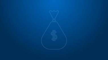 Beyaz çizgi Para Çantası simgesi mavi arkaplanda izole edildi. Dolar ya da USD sembolü. Nakit bankacılık tabelası. 4K Video hareketli grafik canlandırması