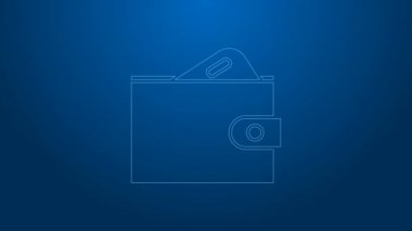 Beyaz çizgili cüzdan, mavi arka planda izole edilmiş kağıt para ikonu. Çanta ikonu. Nakit tasarruf sembolü. 4K Video hareketli grafik canlandırması