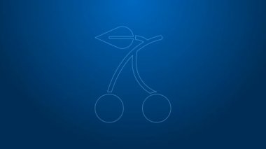 Mavi arka planda kiraz sembolü simgesi olan beyaz çizgi kumarhane kumar makinesi. Kumar oyunları. 4K Video hareketli grafik canlandırması