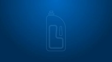 Lağım temizleyici simgesine sahip beyaz çizgi konteynırı mavi arka planda izole edildi. Plastik şişedeki deterjan. 4K Video hareketli grafik canlandırması