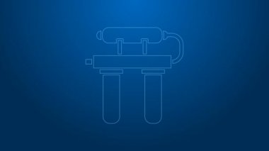 Mavi arkaplanda beyaz çizgi su filtresi simgesi izole edildi. Su filtreleme sistemi. Ters osmoz sistemi. 4K Video hareketli grafik canlandırması