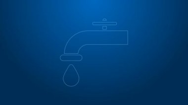 Düşen su damlası ikonu olan beyaz hat suyu mavi arka planda izole edilmiş. 4K Video hareketli grafik canlandırması