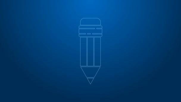 Línea blanca Lápiz con icono de borrador aislado sobre fondo azul. Dibujo y herramientas educativas. Símbolo escolar. Animación gráfica de vídeo 4K — Vídeo de stock