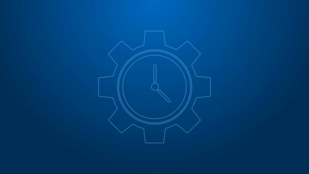 白线时间管理图标孤立在蓝色背景.时钟和齿轮的标志。生产力的象征。4K视频运动图形动画 — 图库视频影像
