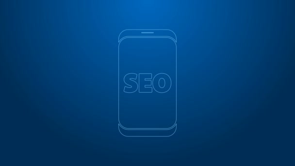 Ligne blanche Mobile téléphone SEO icône de concept d'optimisation isolé sur fond bleu. Animation graphique de mouvement vidéo 4K — Video