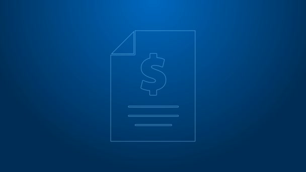 Bílá čára kontrakt peníze ikona izolované na modrém pozadí. Bankovní dokument dolarový soubor financuje finanční stránku. Grafická animace pohybu videa 4K — Stock video