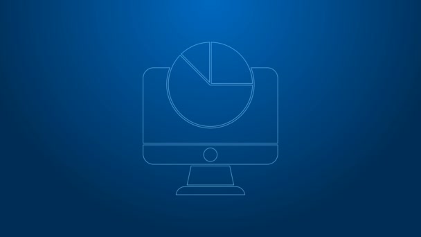 White line Computer monitor with graph chart icon isolated on blue background. Report text file. Accounting sign. Audit, analysis, planning. 4K Video motion graphic animation — Stock Video