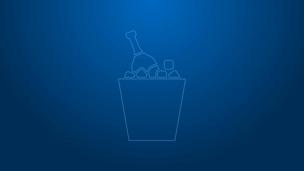 白线瓶香槟酒在一个冰桶图标隔离蓝色背景。4K视频运动图形动画 — 图库视频影像