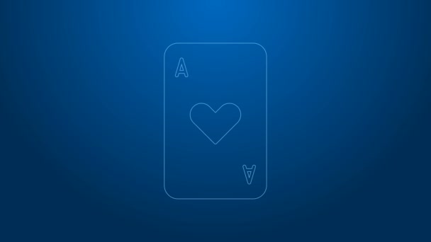 Línea blanca Jugando a las cartas con el símbolo del corazón aislado sobre fondo azul. Juego de casino. Animación gráfica de vídeo 4K — Vídeo de stock