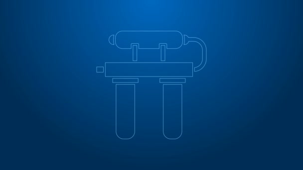 White line Water filter icon isolated on blue background. System for filtration of water. Reverse osmosis system. 4K Video motion graphic animation — Stock Video