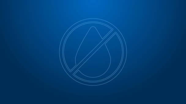 Linea bianca Goccia d'acqua icona proibita isolato su sfondo blu. Nessun segno d'acqua. Animazione grafica 4K Video motion — Video Stock