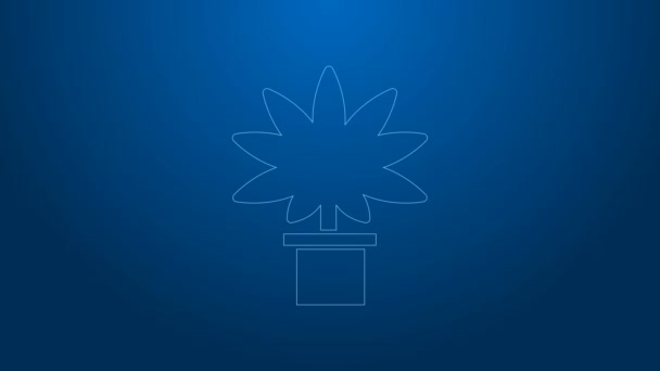 Weiße Linie Medizinisches Marihuana oder Cannabispflanze im Topf Symbol isoliert auf blauem Hintergrund. Anbaukonzept für Marihuana. Hanftopfpflanze. 4K Video Motion Grafik Animation — Stockvideo