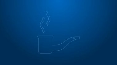 Mavi arka planda duman simgesi olan beyaz çizgi sigara piposu. Tütün piposu. 4K Video hareketli grafik canlandırması
