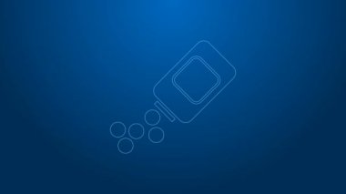 Mavi arka planda beyaz çizgi ilaç şişesi ve ilaç ikonu var. Şişe hapı işareti. Eczane tasarımı. 4K Video hareketli grafik canlandırması