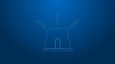 Beyaz çizgi Flasher siren simgesi mavi arkaplanda izole edildi. Acil durum sireni. 4K Video hareketli grafik canlandırması