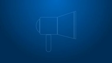 Mavi arka planda beyaz çizgi Megafon simgesi izole edildi. Sözcü işareti. 4K Video hareketli grafik canlandırması